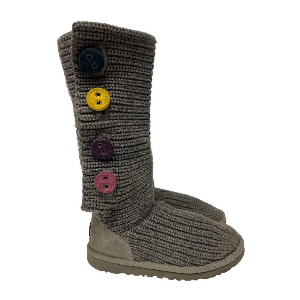 UGG Cardy Grey Knit Tall Boot Colored Button Girls Size 4
